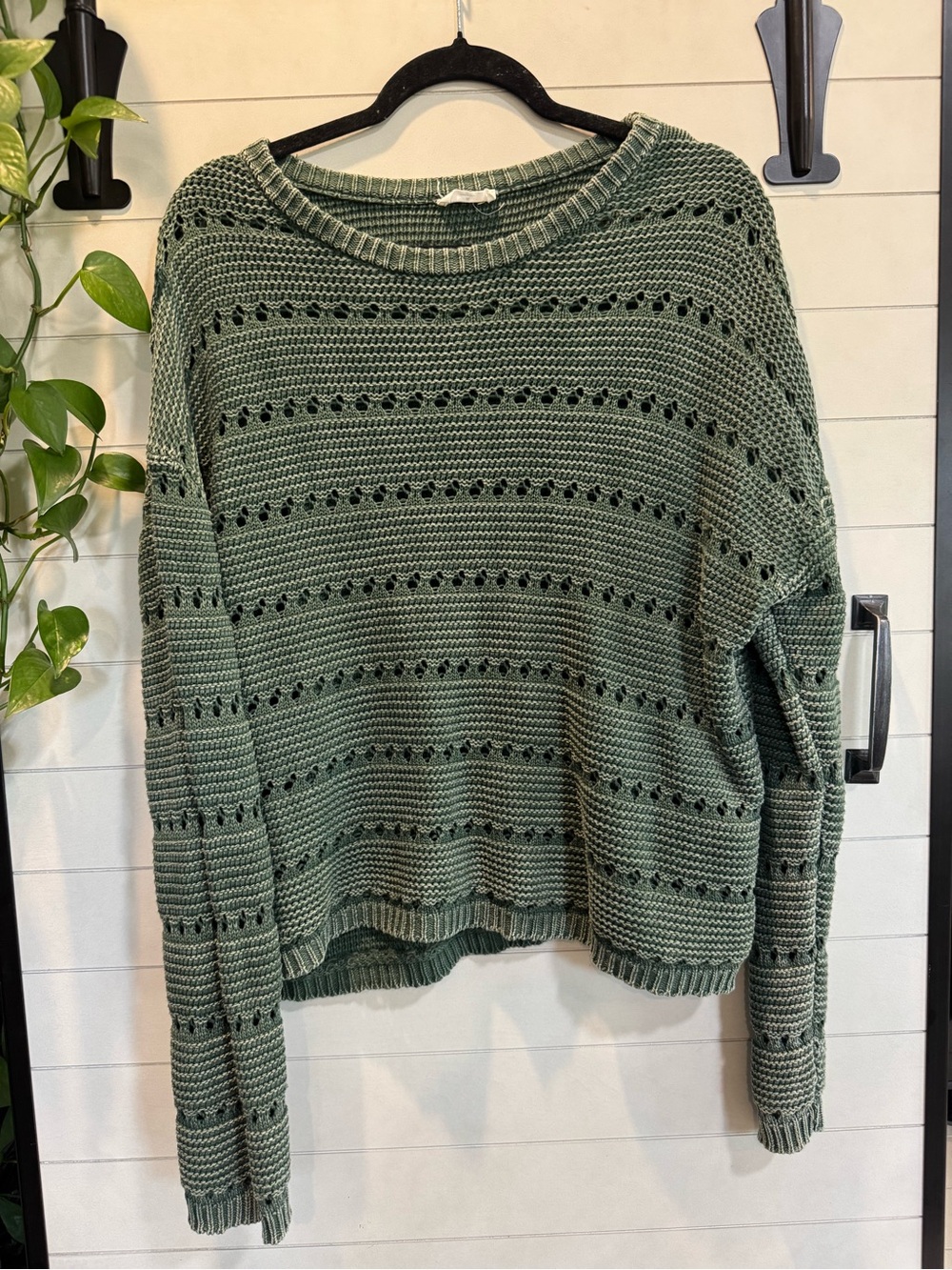 mittoshop Open-Knit Crewneck Sweater in Sage